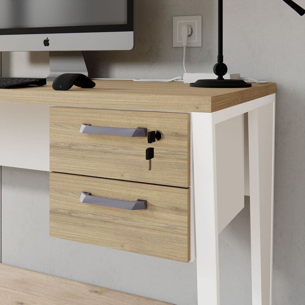 Gaveteiro Suspenso para Mesa de Escritório 2 Gavetas com Chave Corporate Macadâmia/Branco