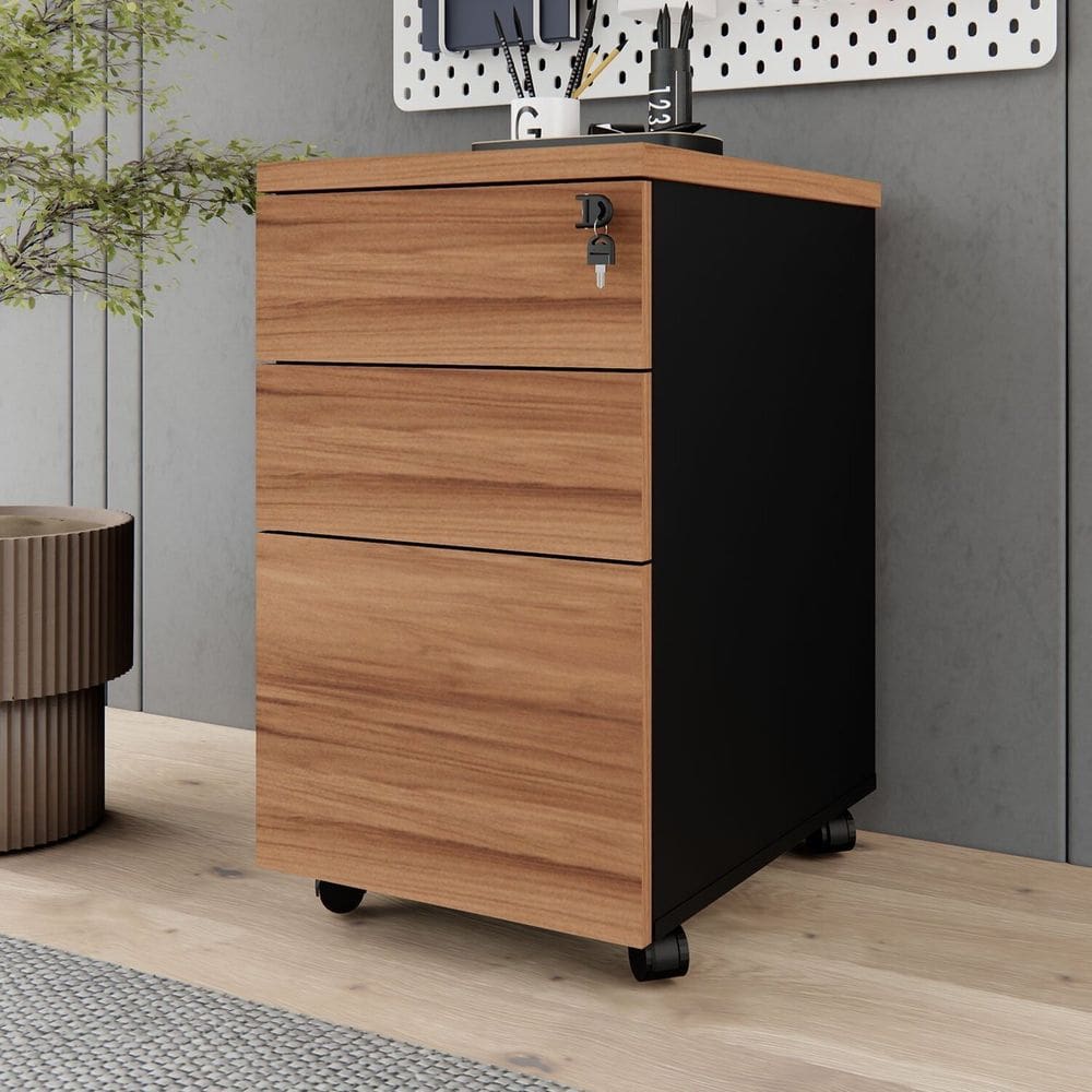 Gaveteiro Móvel Escritório 3 Gavetas e Chave com Rodízios e Puxadores Metálicos Corporate Nogal / Preto