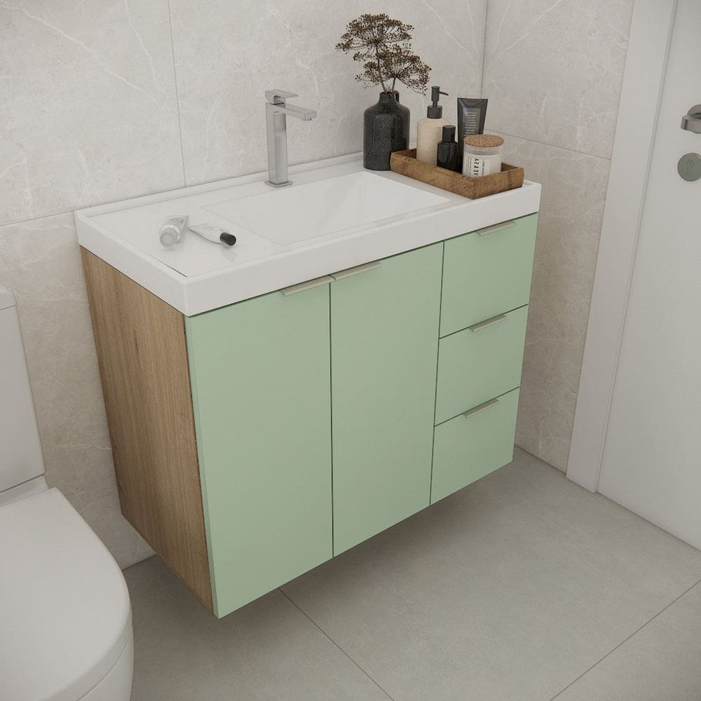 Gabinete de Banheiro com Cuba 79,6cm Gaveta Direita Vittare Carvalho/Verde