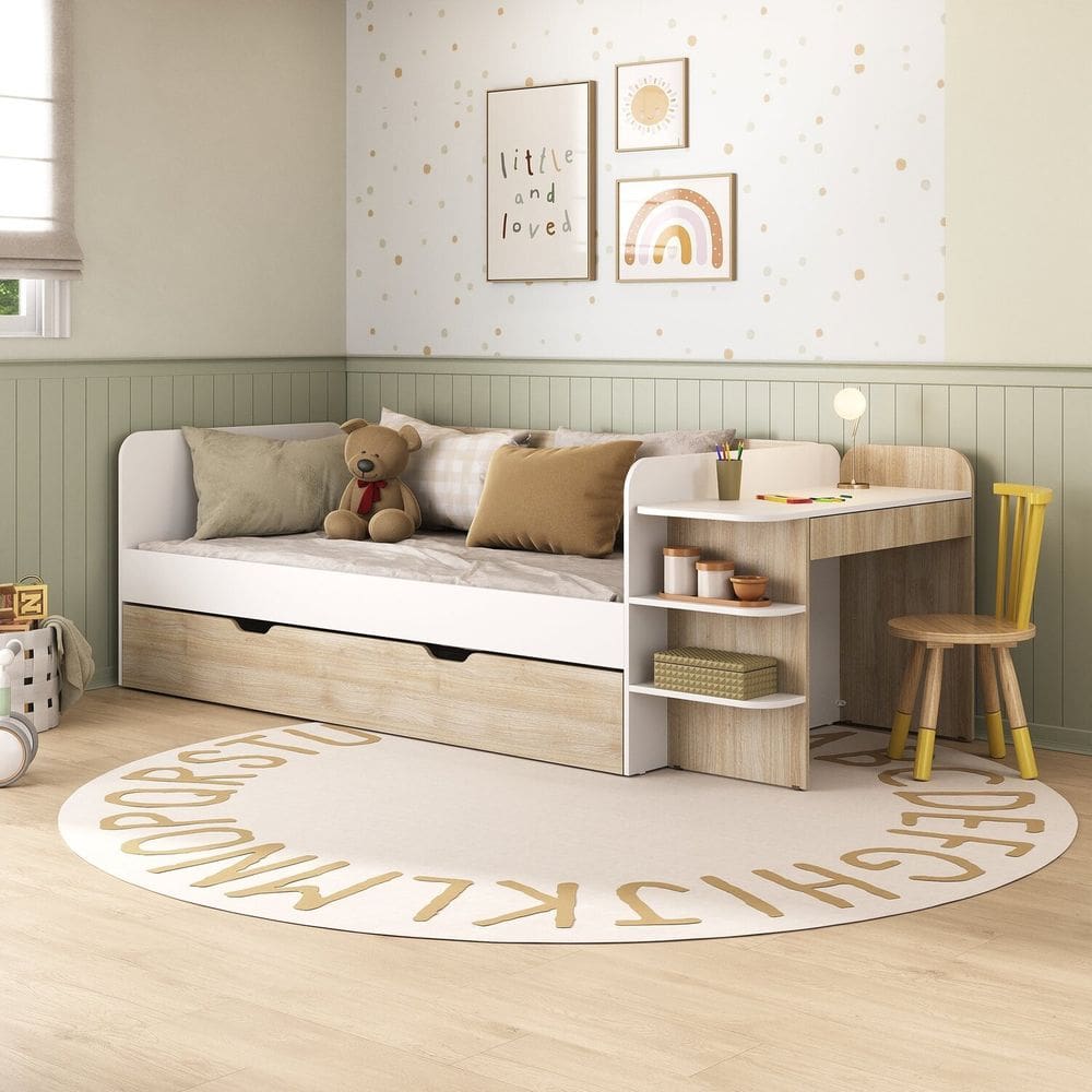 Cama de Solteiro Funcional Infantil com Escrivaninha e Cama Auxiliar 100% Mdf Premium Helena Branco/ Carvalho
