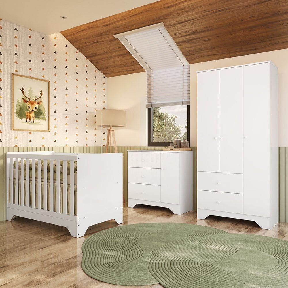 Quarto de Bebê Completo Guarda-roupa e Cômoda e Berço 3 em 1 Minicama 100% Mdf Ravy Espresso Móveis Branco Brilho