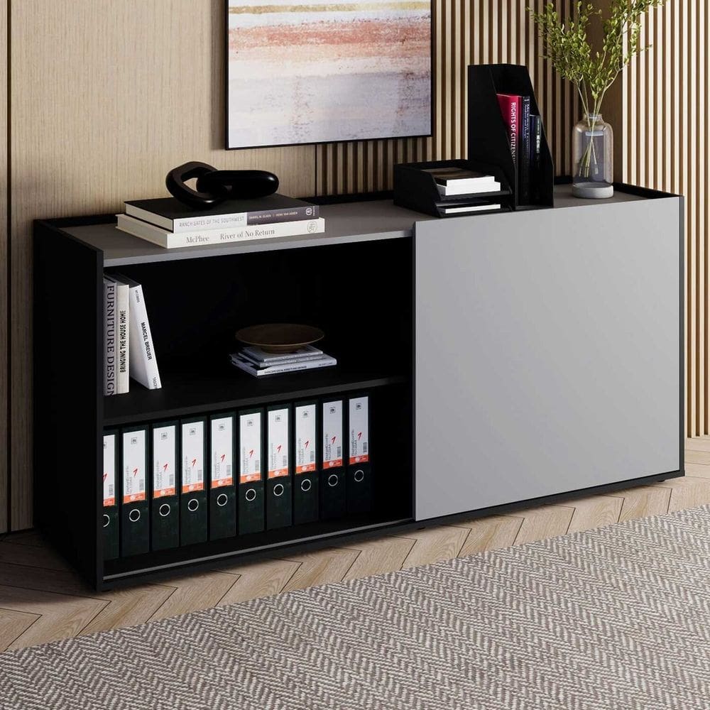 Armário Baixo 158cm Porta de Correr e 2 Nichos em Mdp com Puxadores Metálicos Corporate Cinza Sagrado /Preto