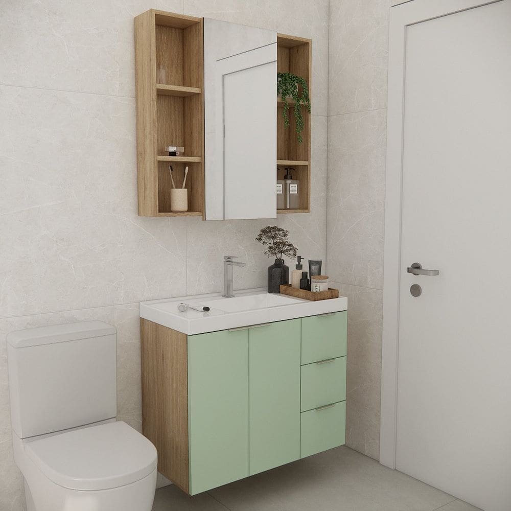 Conjunto de Banheiro sem Cuba 80cm Gaveta Direita Vittare Carvalho/Verde