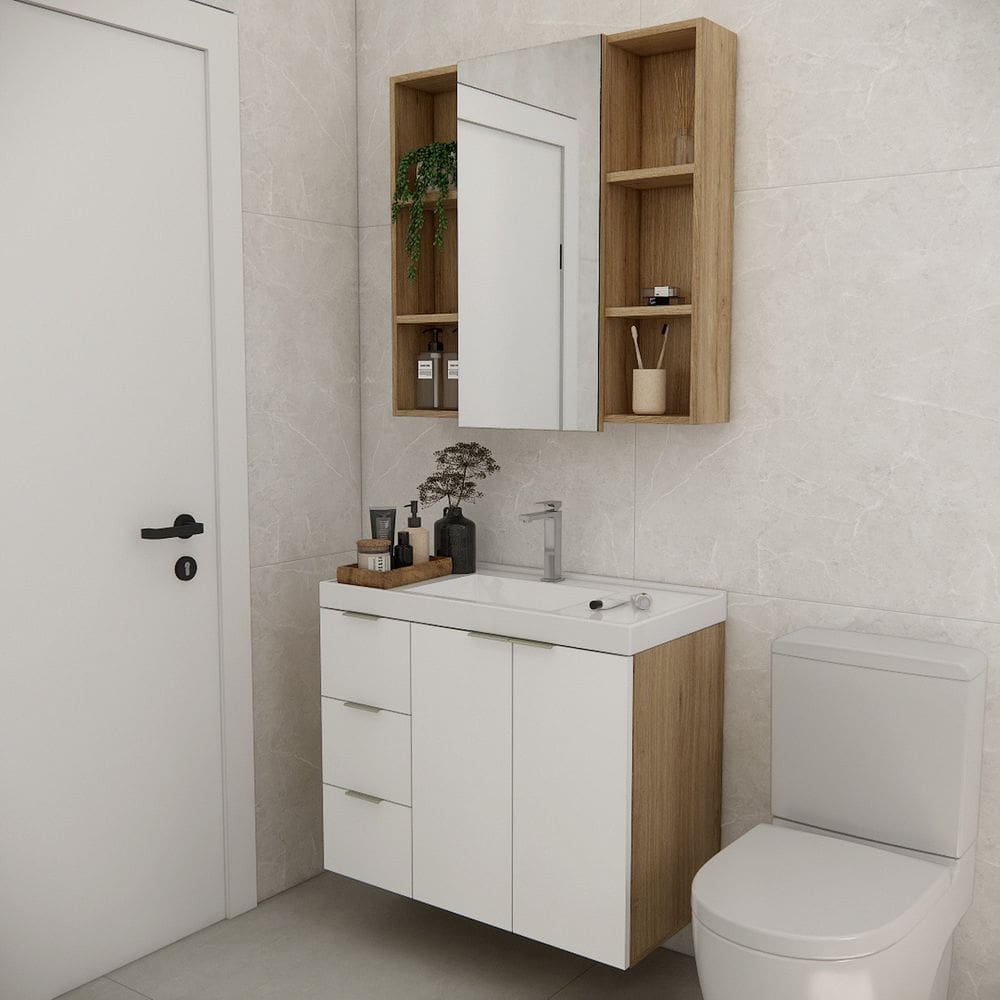 Conjunto de Banheiro sem Cuba 80cm Gaveta Esquerda Vittare Carvalho/Branco