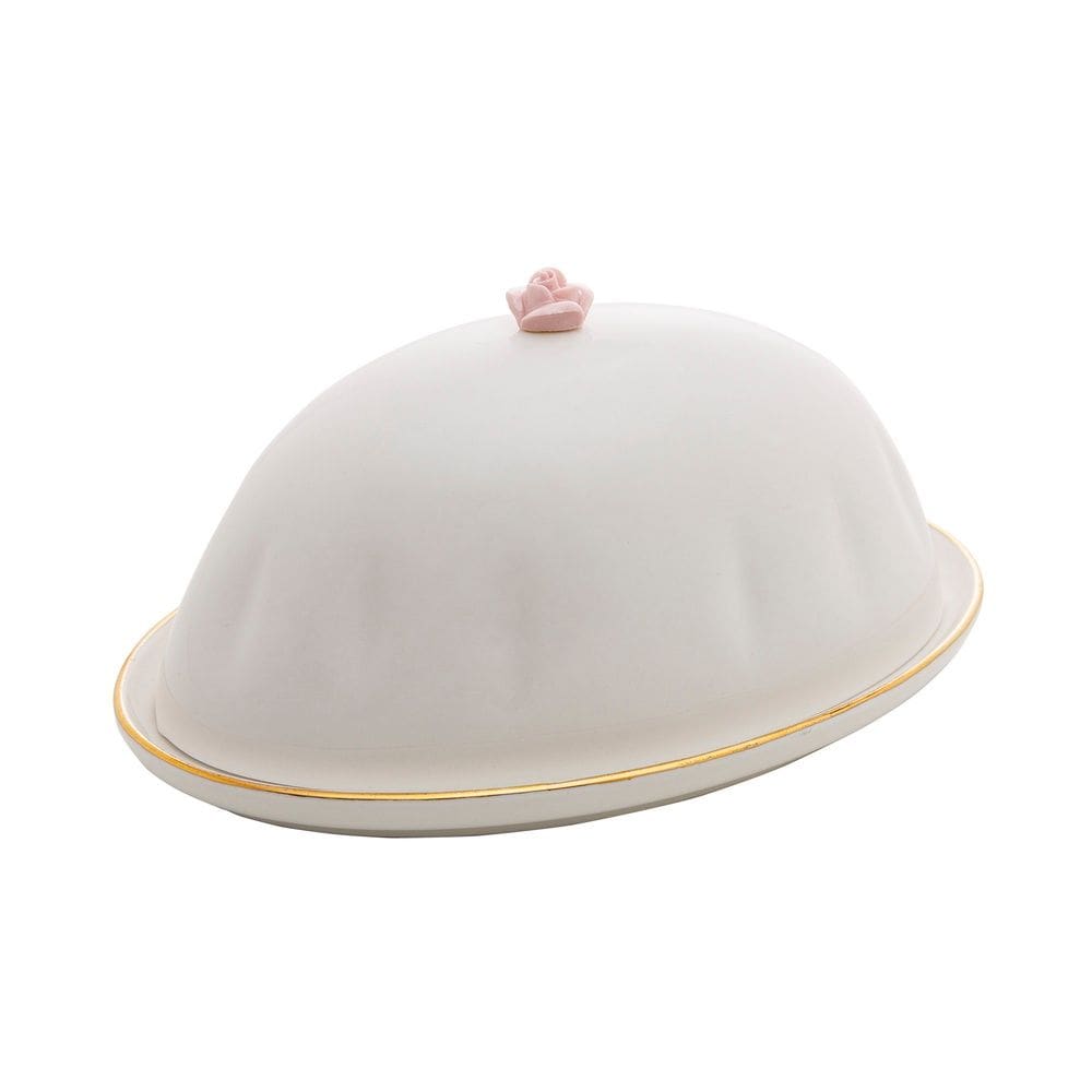 Manteigueira de Porcelana Branca C/Tampa Flower Design Plate Colorido 16x10cm Wolff