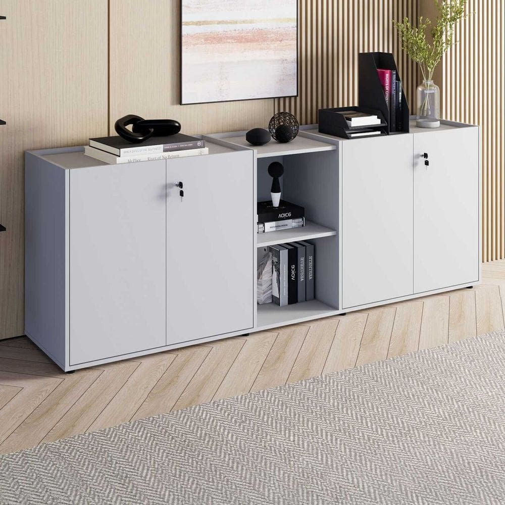 Armário para Escritório 200m com 4 Portas Tampo Embutido e Nicho Corporate Cinza