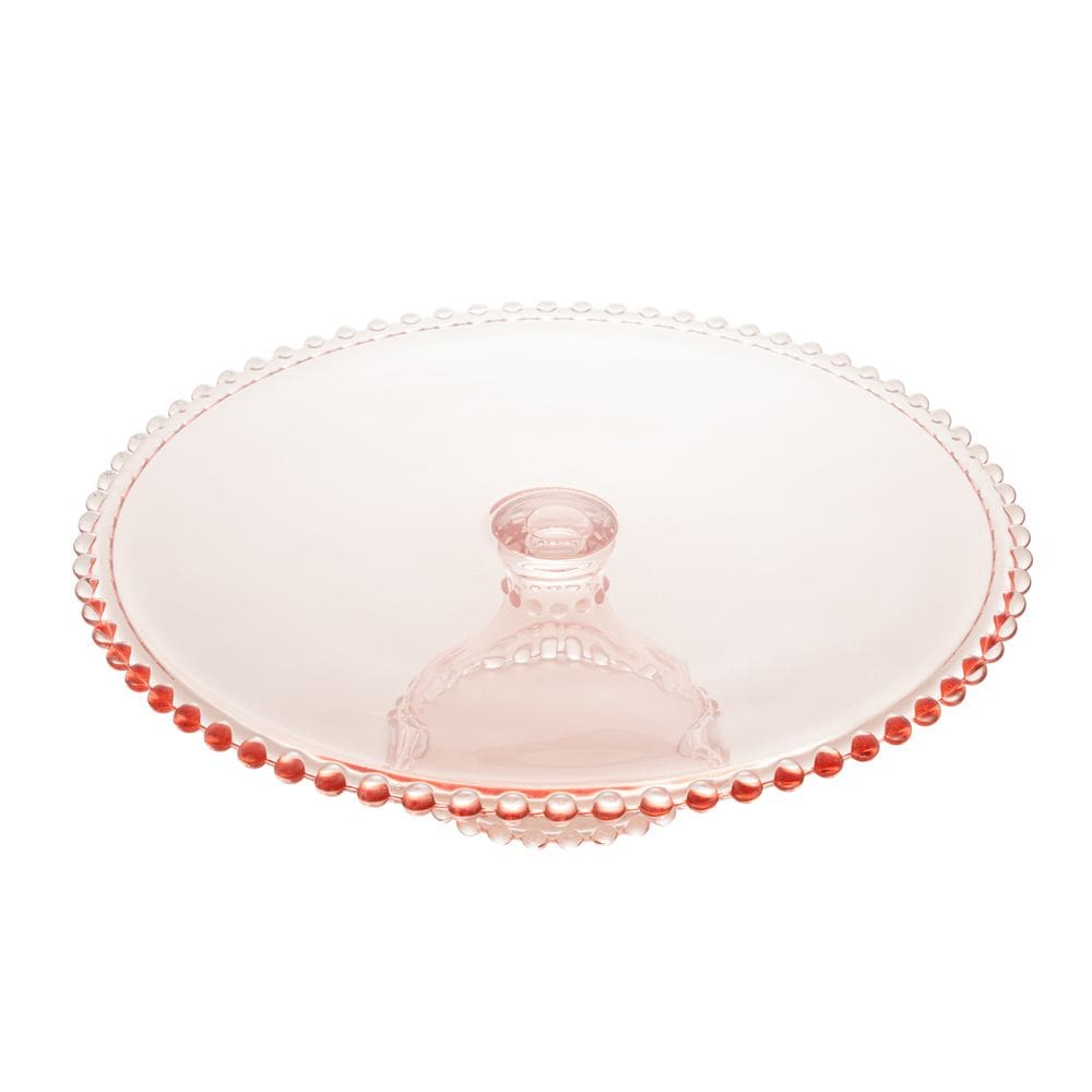 Prato de Cristal C/Pé para Bolo/Doces Pearl Bolinha Rosa 31x11cm Wolff