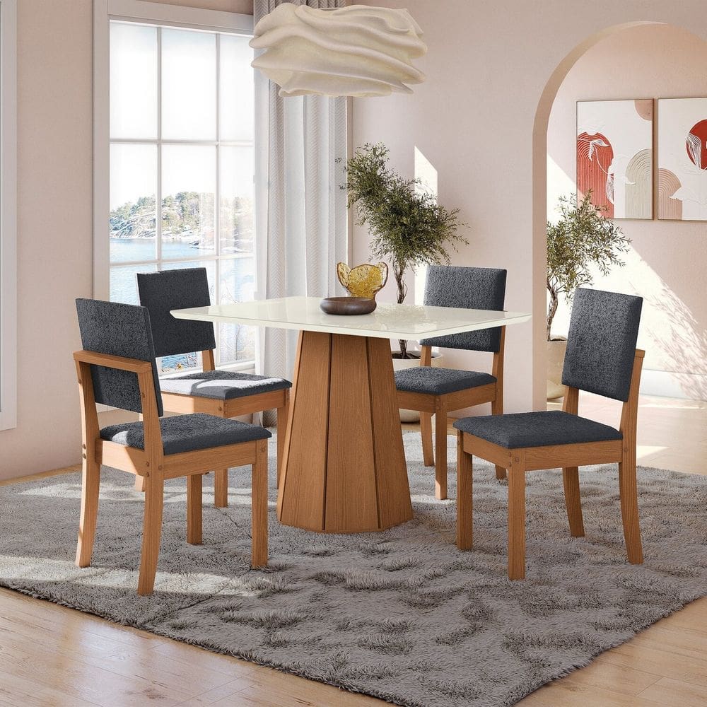Conjunto para Sala de Jantar Mesa com 4 Cadeiras Jade Canela/Off White/Titânio
