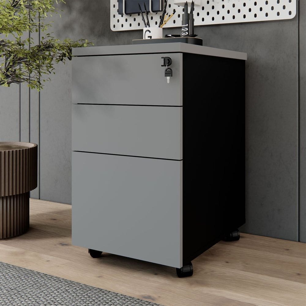 Gaveteiro Móvel Escritório 3 Gavetas e Chave com Rodízios e Puxadores Metálicos Corporate Cinza Sagrado/Preto
