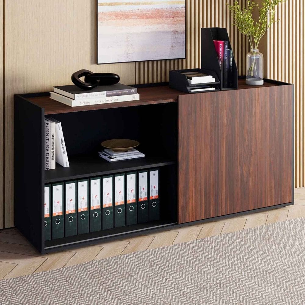 Armário Baixo 158cm Porta de Correr e 2 Nichos em Mdp com Puxadores Metálicos Corporate Louro Preto/Preto