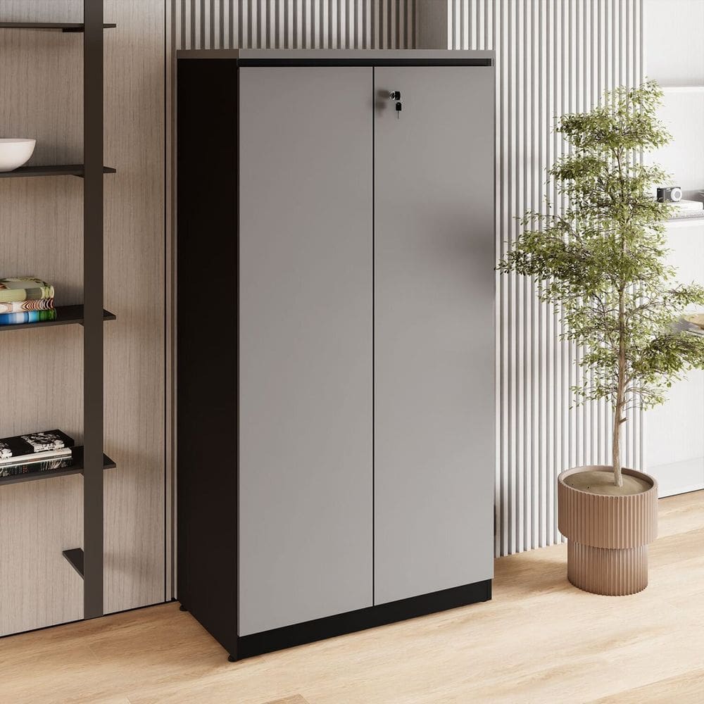 Armário Alto 160cm para Escritório 2 Portas com Chave Corporate F5 Cinza Sagrado / Preto