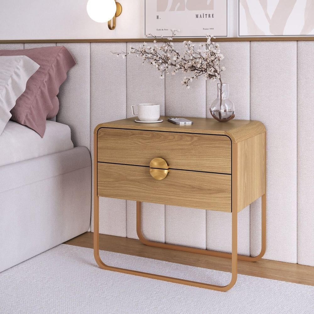 Mesa de Cabeceira 60cm 2 Gavetas Orgânica Pé Metal Luna Hanover/Dourado