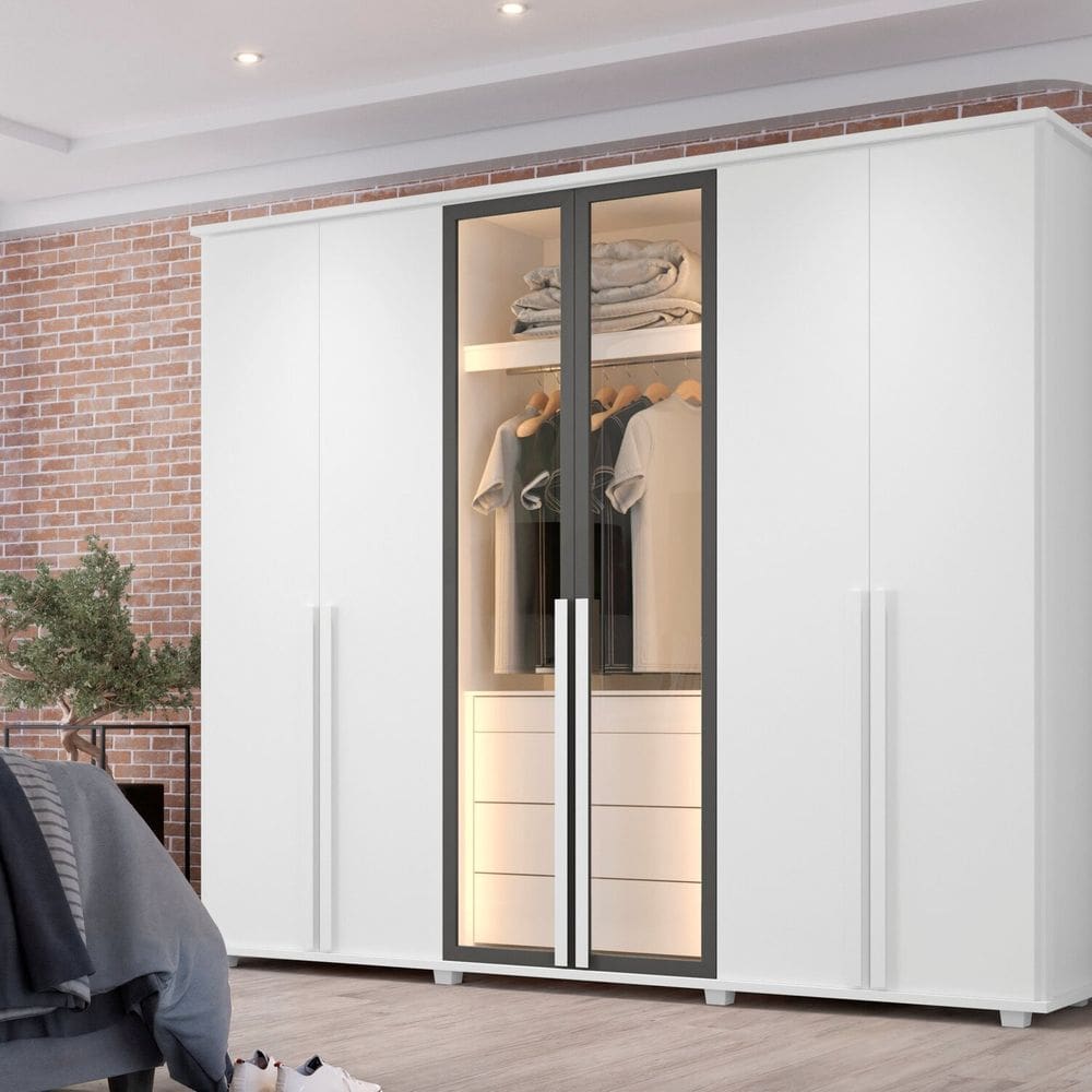Guarda-roupa Casal 6 Portas 5 Gavetas com Corrediças Telescópicas Nichos e Iluminação Led Bélgica Branco