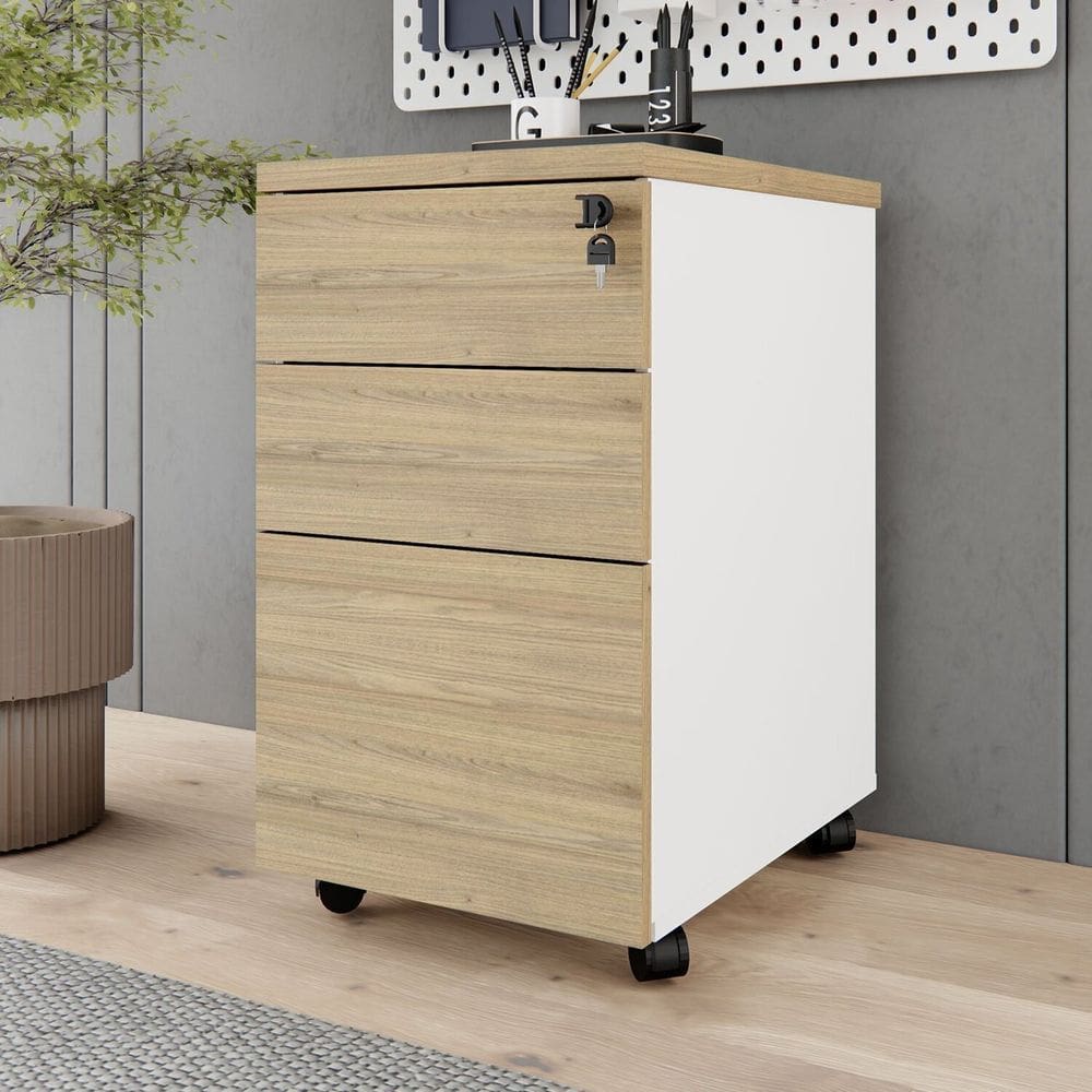 Gaveteiro Móvel Escritório 3 Gavetas e Chave com Rodízios e Puxadores Metálicos Corporate Macadâmia/Branco