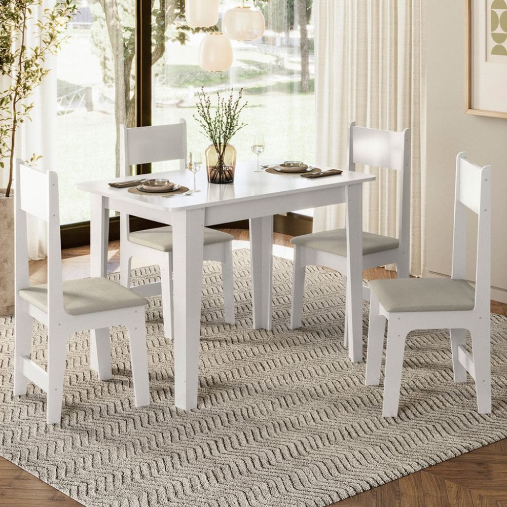 Sala de Jantar Mesa com 4 Cadeiras Assento Delta Branco/Savana