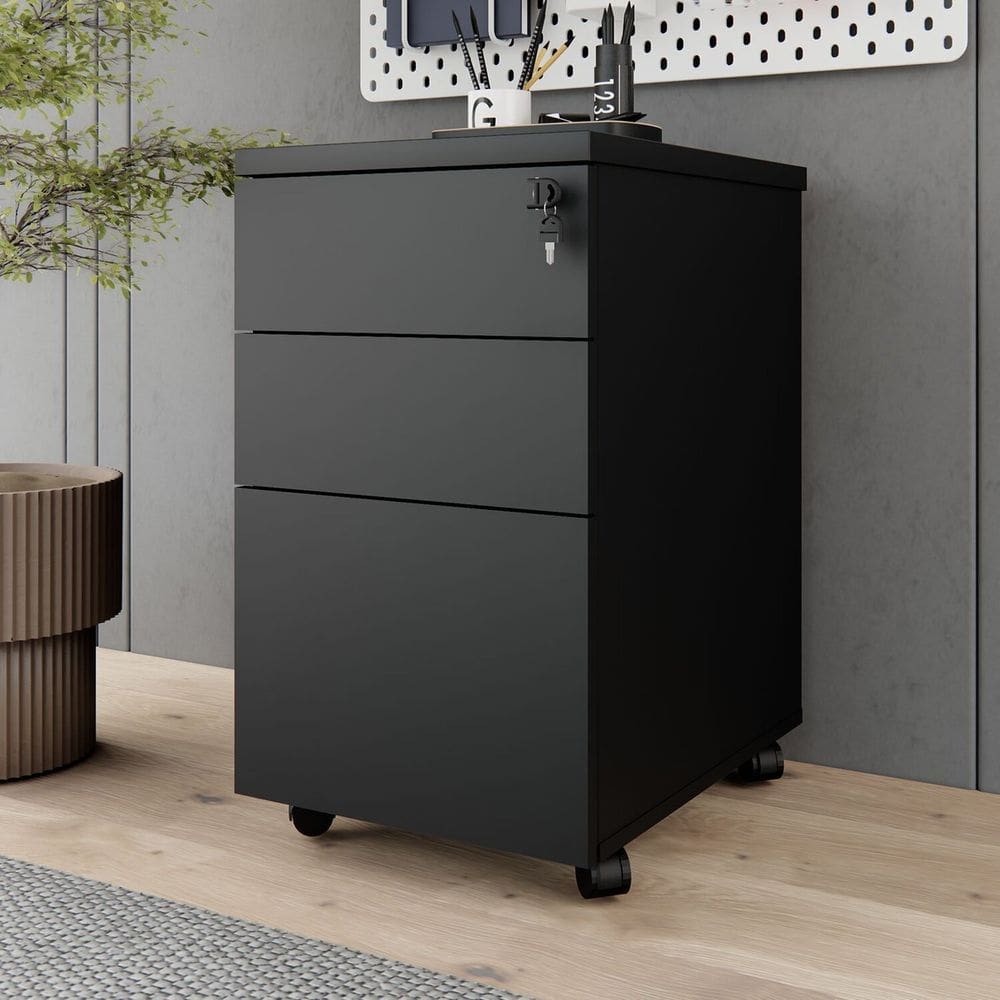 Gaveteiro Móvel Escritório 3 Gavetas e Chave com Rodízios e Puxadores Metálicos Corporate Preto