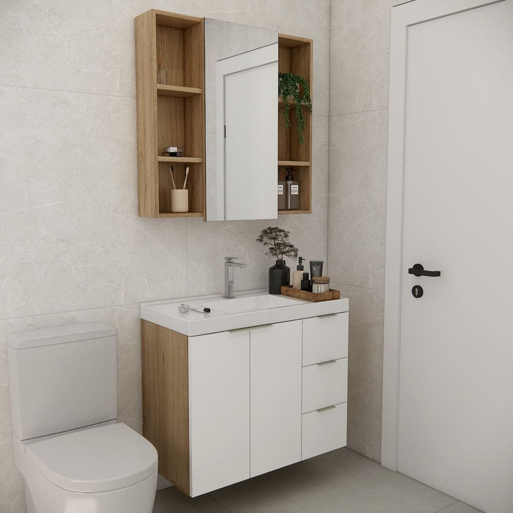 Conjunto de Banheiro com Cuba 80cm Gaveta Direita Vittare Carvalho/Branco
