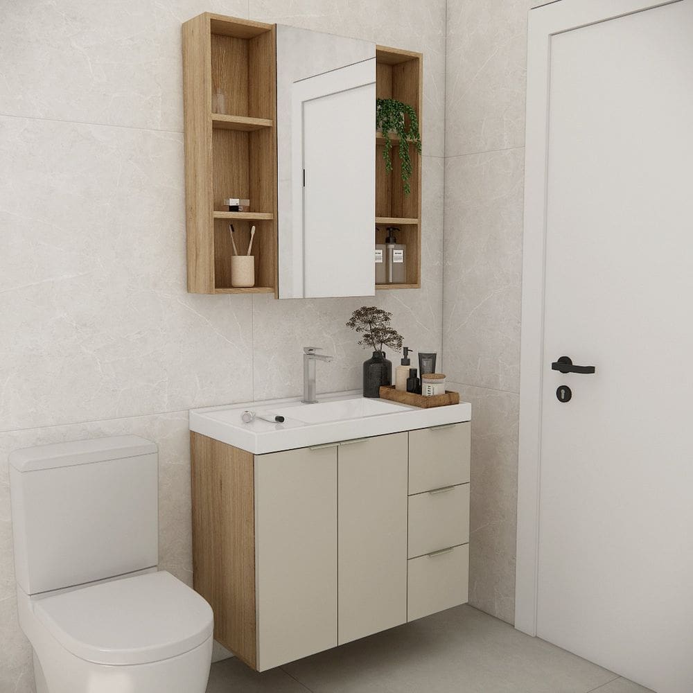 Conjunto de Banheiro sem Cuba 80cm Gaveta Direita Vittare Carvalho/Nude