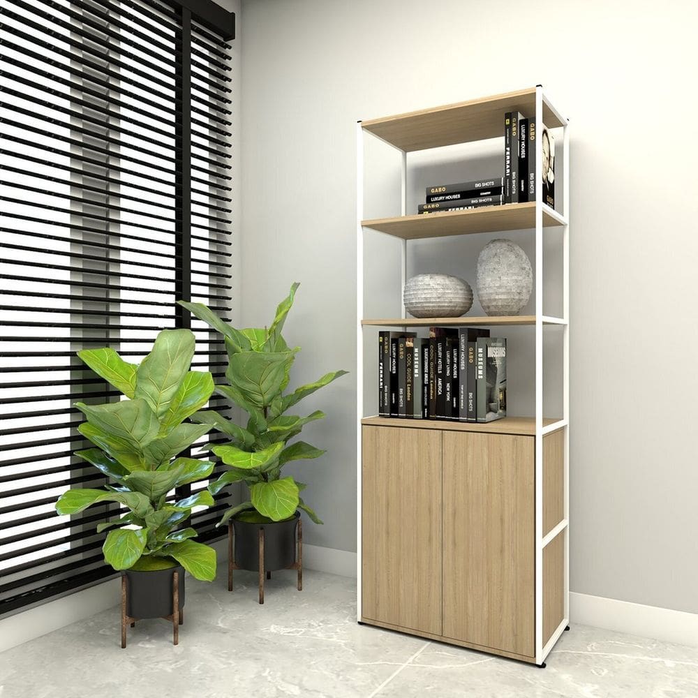 Estante Industrial 172cm Prateleiras e Armário Estrutura Metálica Industrial Executive Macadâmia /Branco