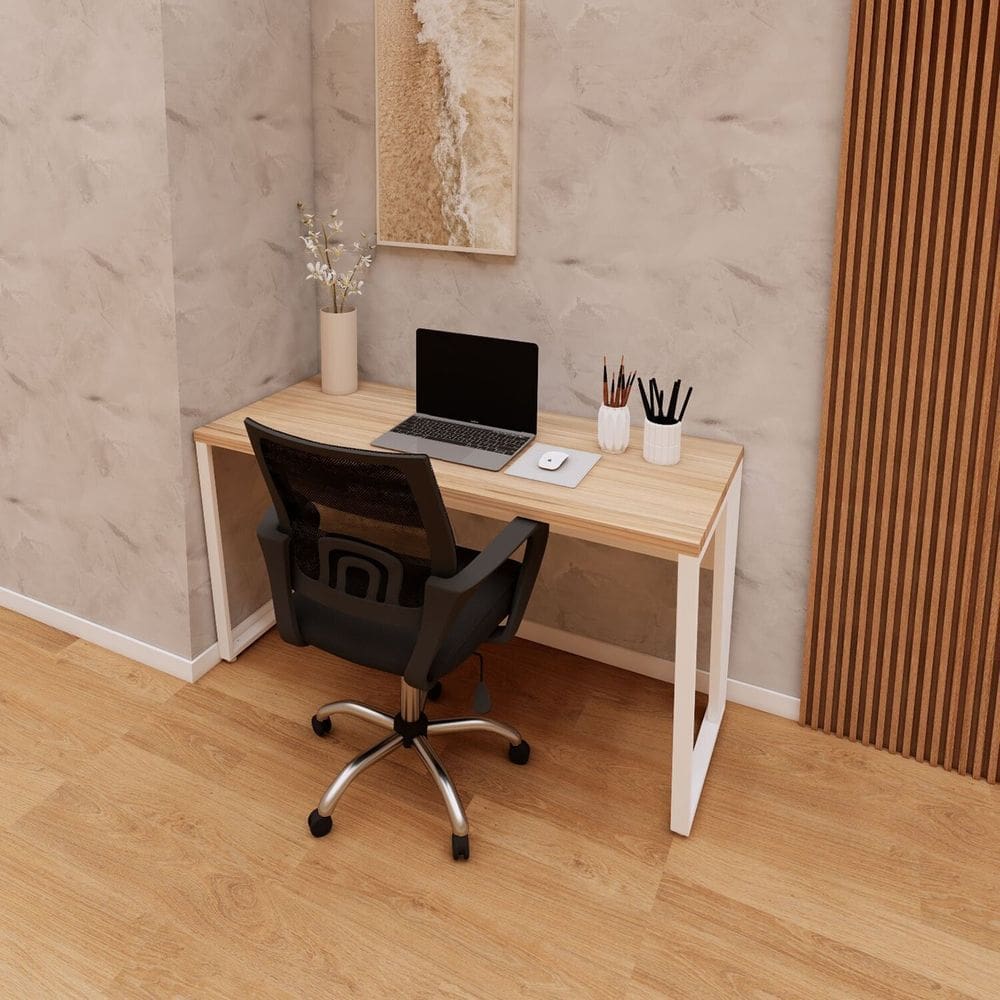 Escrivaninha Industrial 135cm X 60cm Escritório Home Office Pés em Metal Industrial Executive Macadâmia/Branco