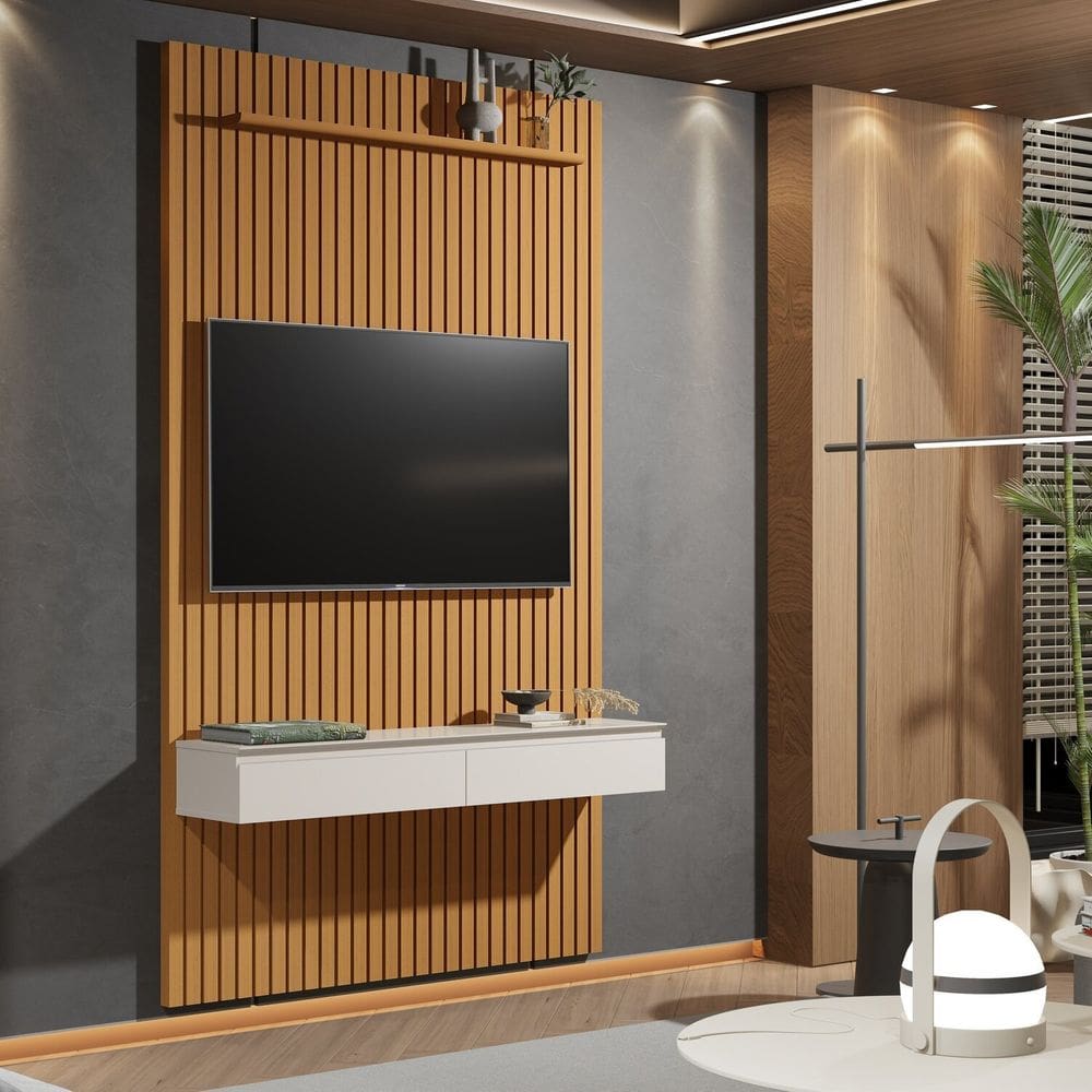 Painel Home para Tv 55 Polegadas Suspenso Ripado 2 Gavetas Colorado 1.40 Cedro/Off White