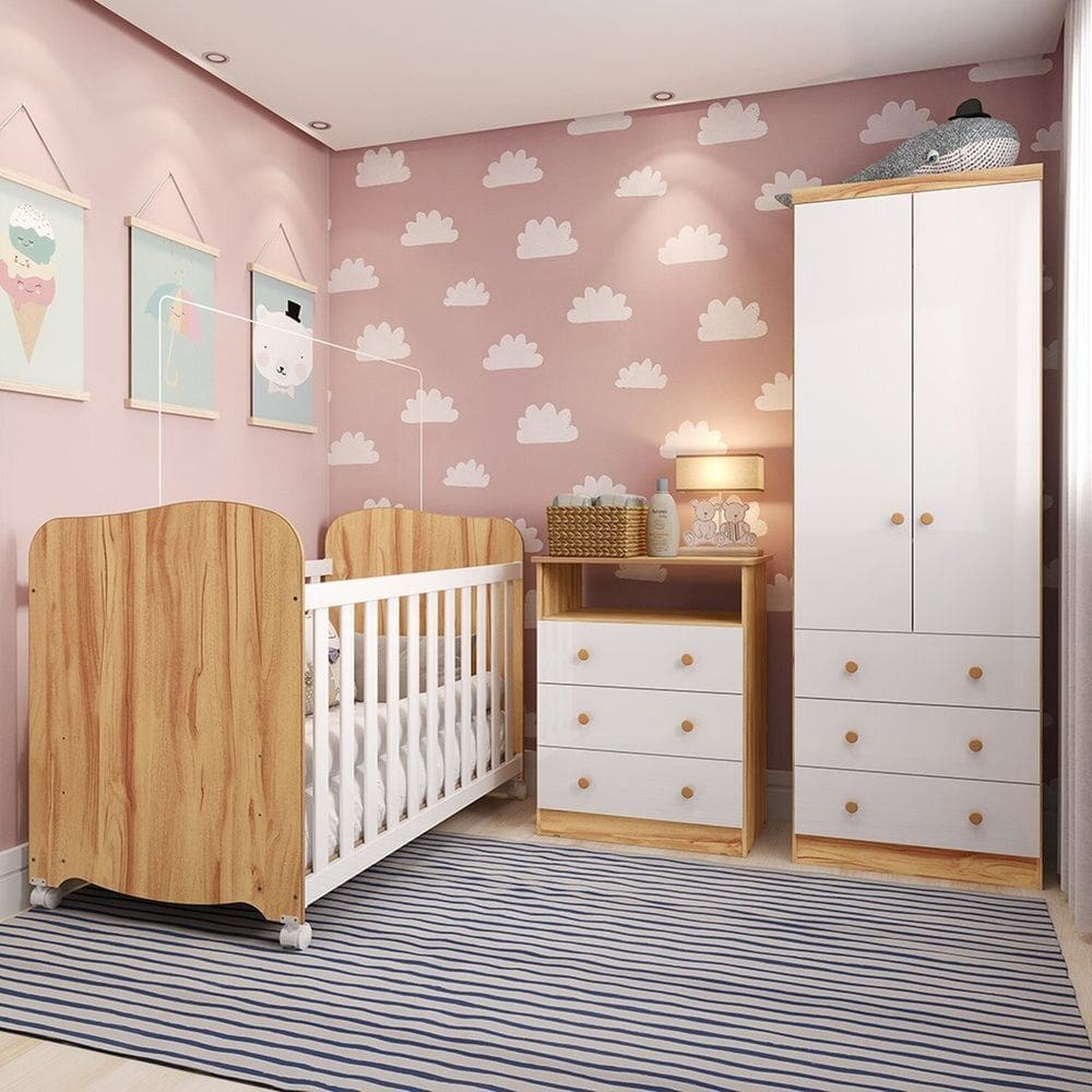 Quarto de Bebê Completo com Berço Americano Guarda-roupa e Cômoda 100% Mdf Teka Espresso Móveis Branco Brilho/Amêndoa