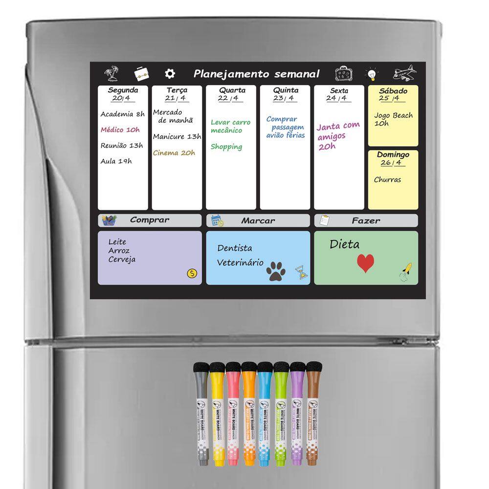 Quadro Planejamento Tarefas Semanal Magnético + 8 Canetas
