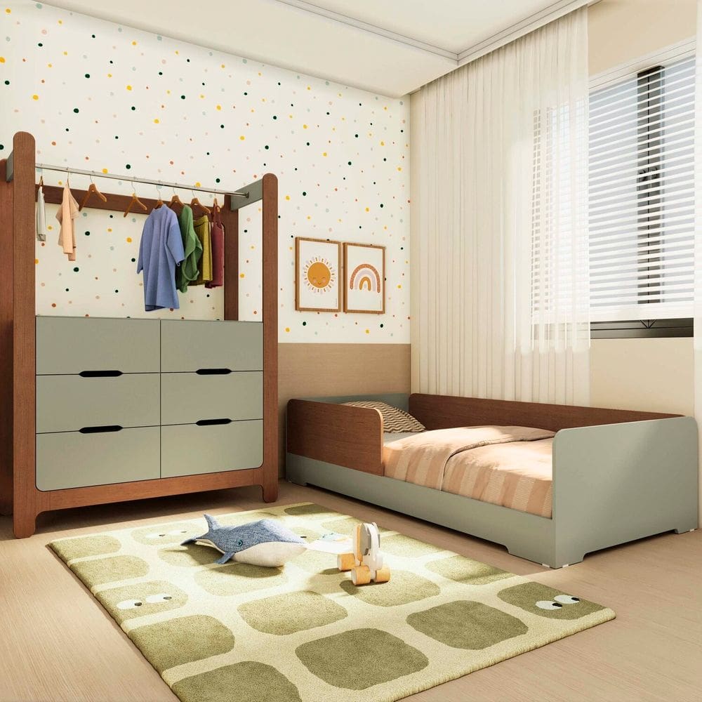 Quarto Infantil Completo Guarda-Roupa Closet e Cama Solteiro Montessoriana 100% MDF Olivia e Mark Verti/ Castanho