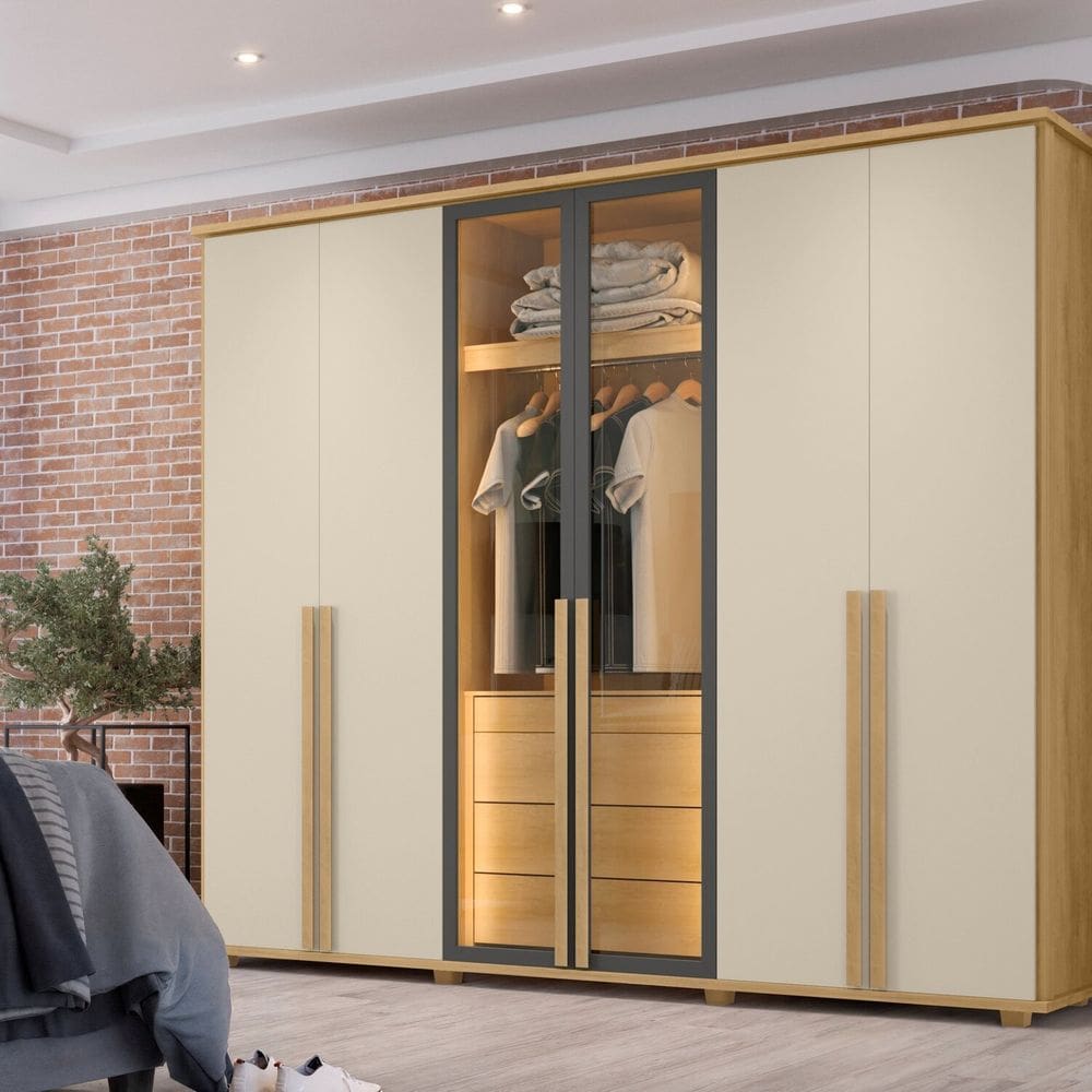 Guarda-roupa Casal 6 Portas 5 Gavetas com Corrediças Telescópicas Nichos e Iluminação Led Bélgica Cinamomo/Off White