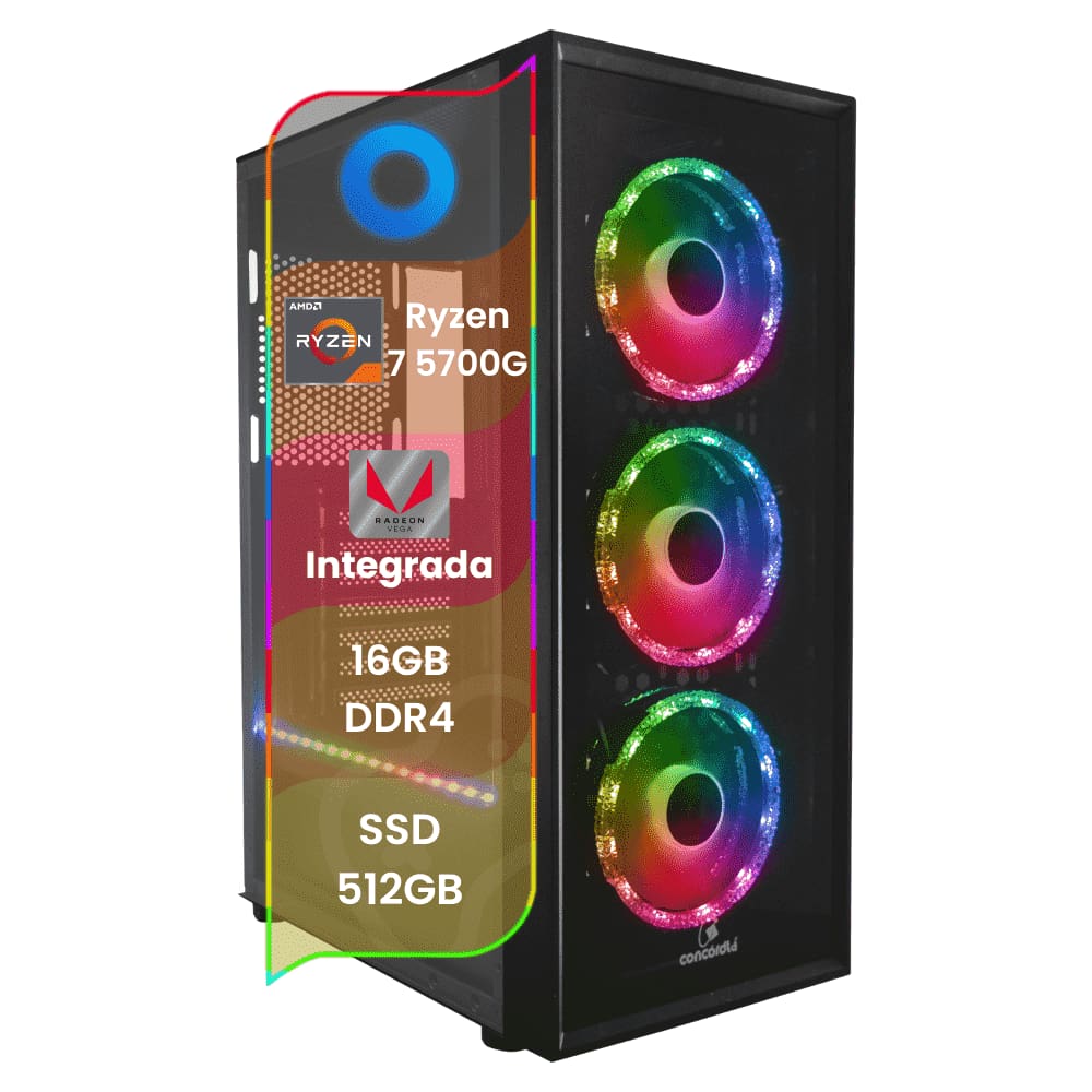 PC Gamer TOP Concórdia Processador AMD Ryzen 7 5700G 16GB SSD 512GB Fonte 600W FreeDos