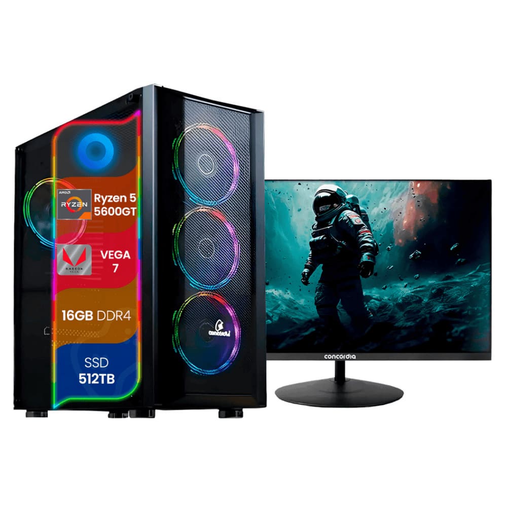 PC Gamer Concórdia Ryzen 5 5600GT Memória 16GB SSD 512gb Fonte 600w Windows 11 Pro Monitor Gamer 23,8”