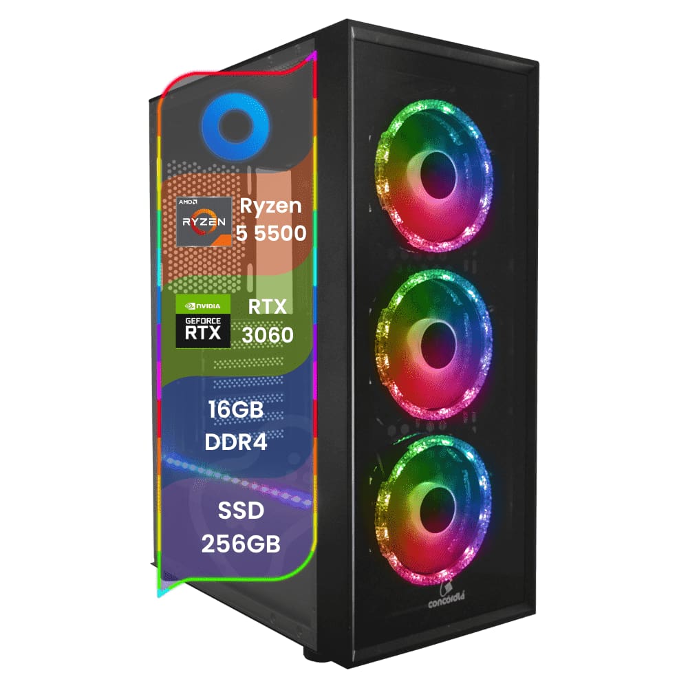 PC Gamer TOP Concórdia Processador AMD Ryzen 5 5500 16GB SSD 256GB RTX 3060 Fonte 600W FreeDos