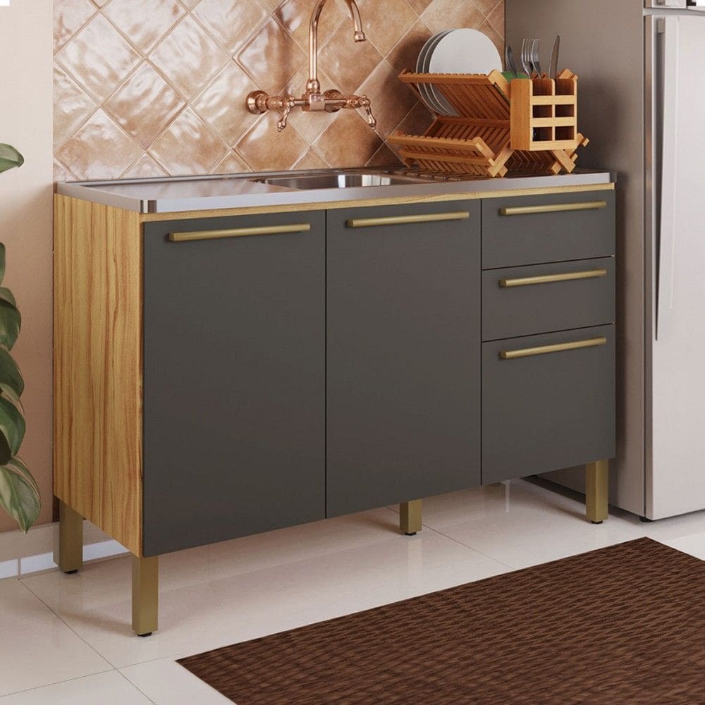 Balcão de Cozinha para Pia 120 Cm Napoli 3 Portas 2 Gavetas 100% Mdf Amêndoa/Cinza - Rio Doce