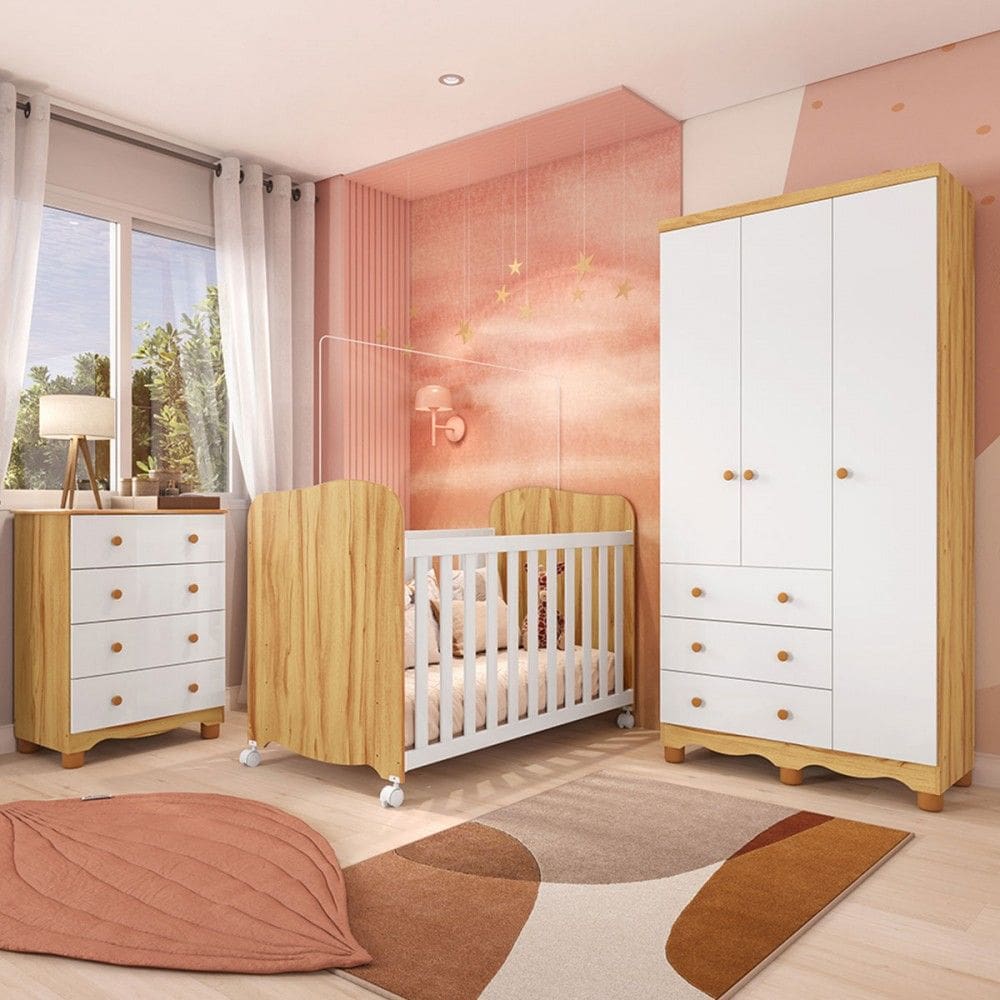 Quarto de Bebê Completo Junior Uli 3 Portas 7 Gavetas 100% Mdf Branco Brilho/Amêndoa - Móveis Peroba