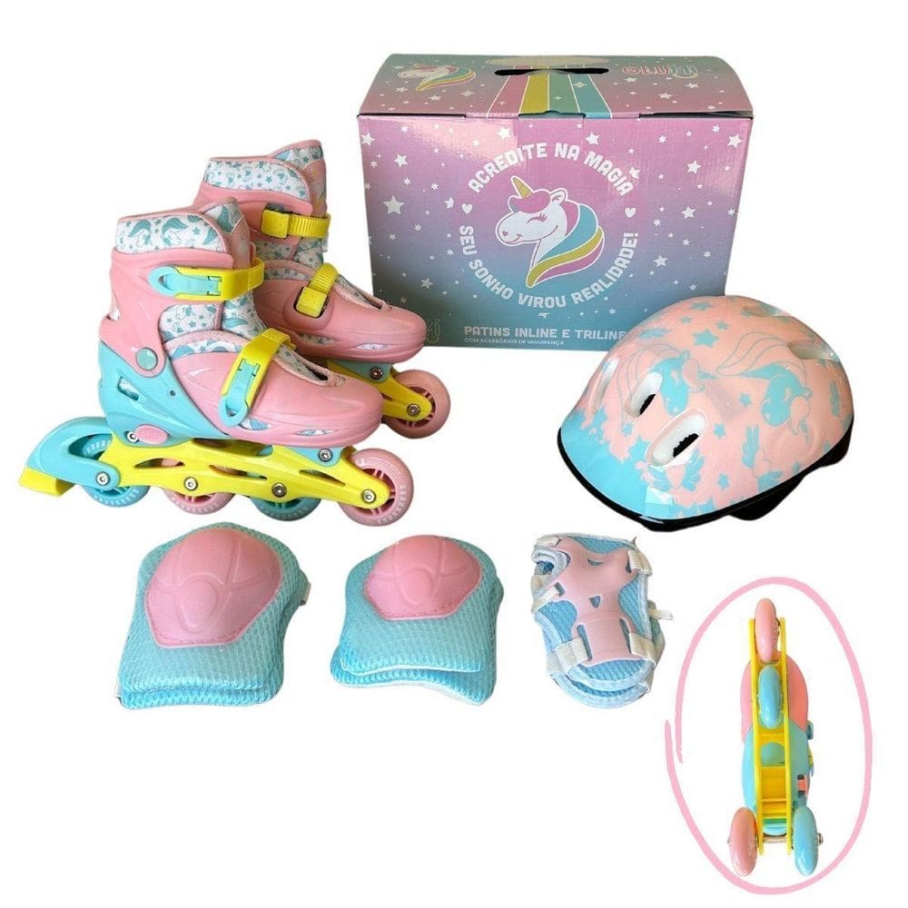 Patins Infantil 2 Em 1 Inline Triline Unicórnio Glumi 32-35