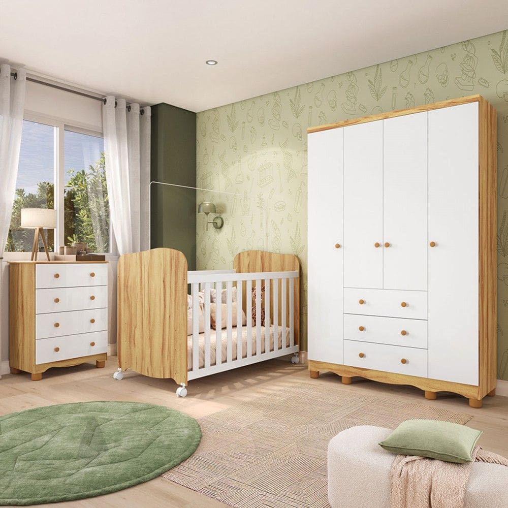 Quarto de Bebê Completo Junior Uli 4 Portas 7 Gavetas 100% Mdf Branco Brilho/Amêndoa - Móveis Peroba