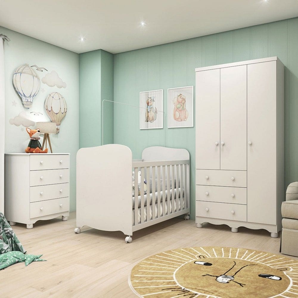 Quarto de Bebê Completo Junior Uli 3 Portas 7 Gavetas 100% Mdf Branco Brilho - Móveis Peroba