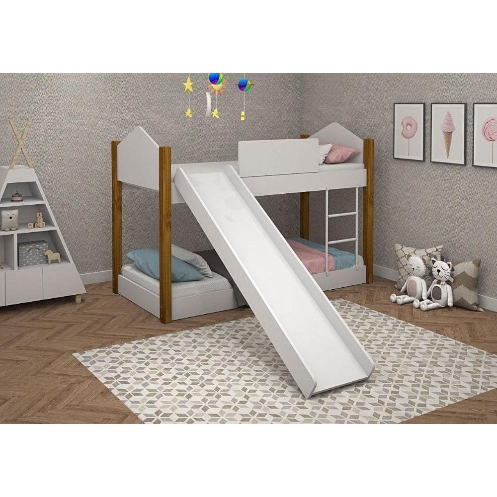 Beliche Infantil/Juvenil Luiza Branco com Pés de Madeira com Escorregador