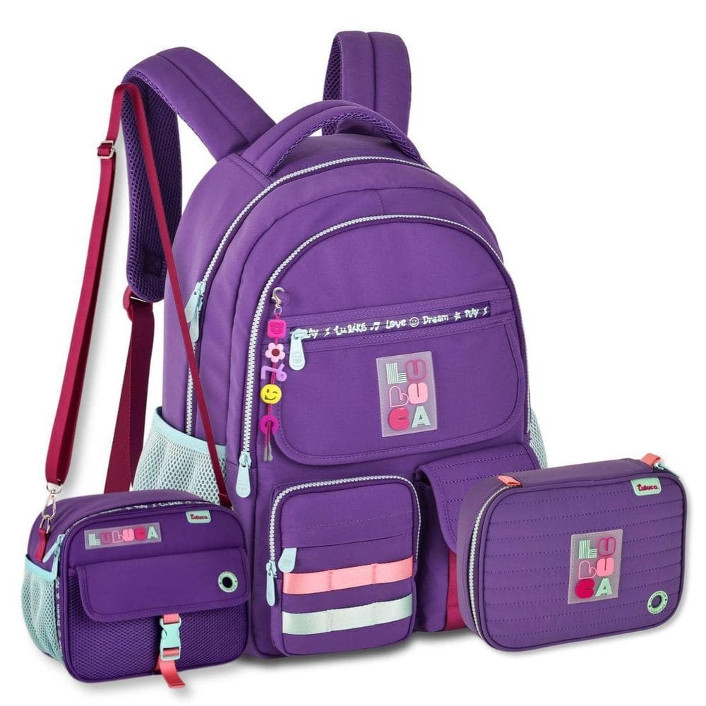 Kit Luluca Mochila Com Lancheira E Estojo Box Escolar Lilás
