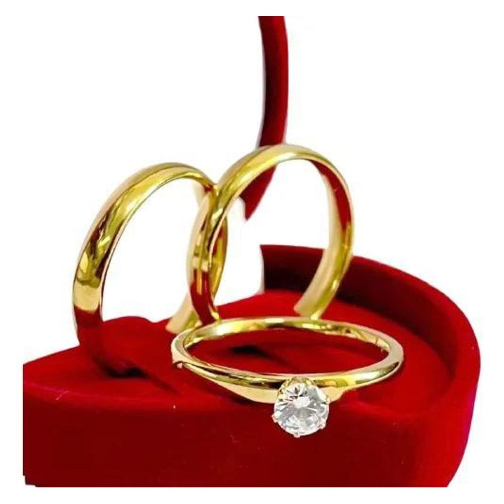 Par Alianças Banhada À Ouro 18K Casamento + Anel De Noivado