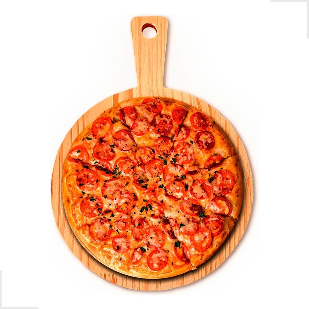 Tábua Redonda Servir Cortar Pizza Cabo Pegador Madeira 35Cm