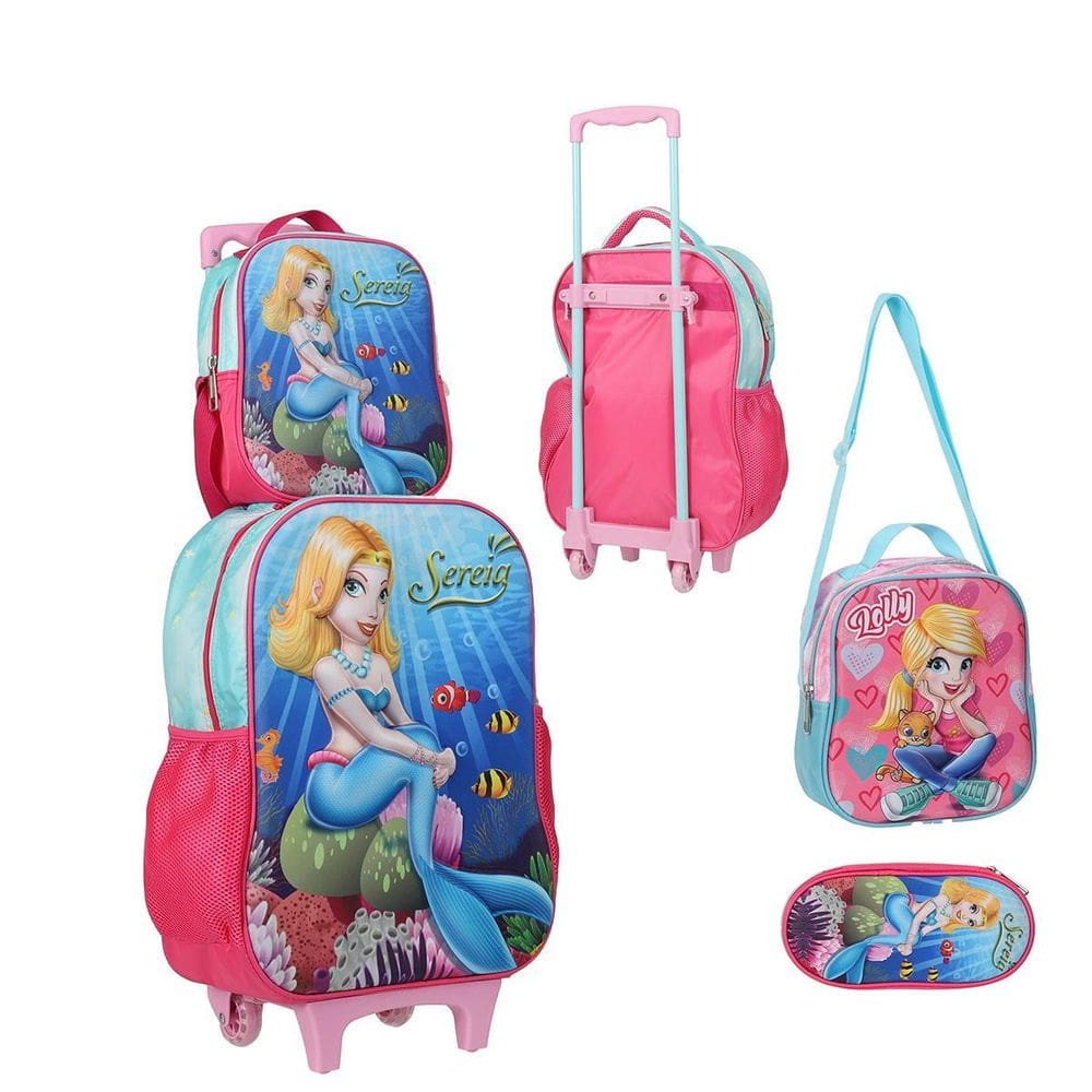 Kit Mochila Com Rodinhas E Lancheira + Estojo Sereia