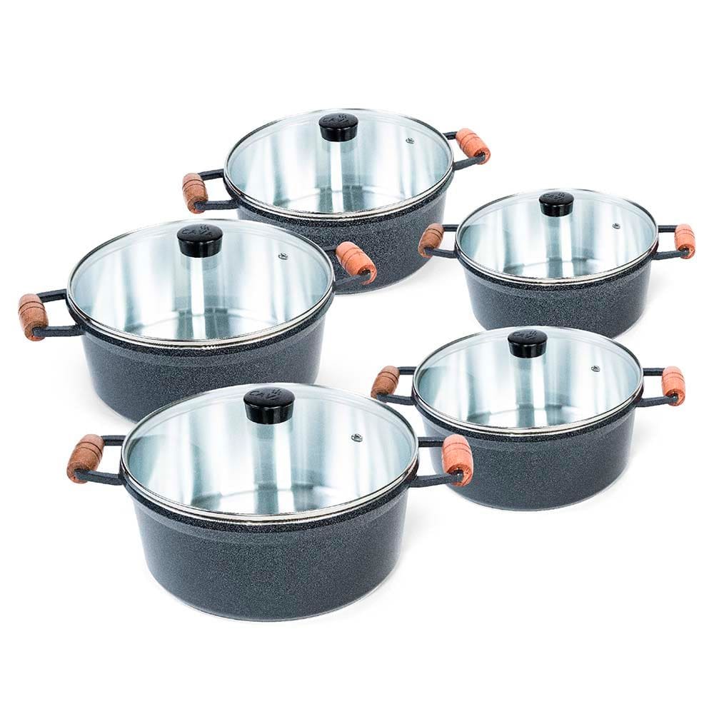 Jogo de Caçarola 5 Pçs Grafite Alça Madeira Tampa Vidro Cava