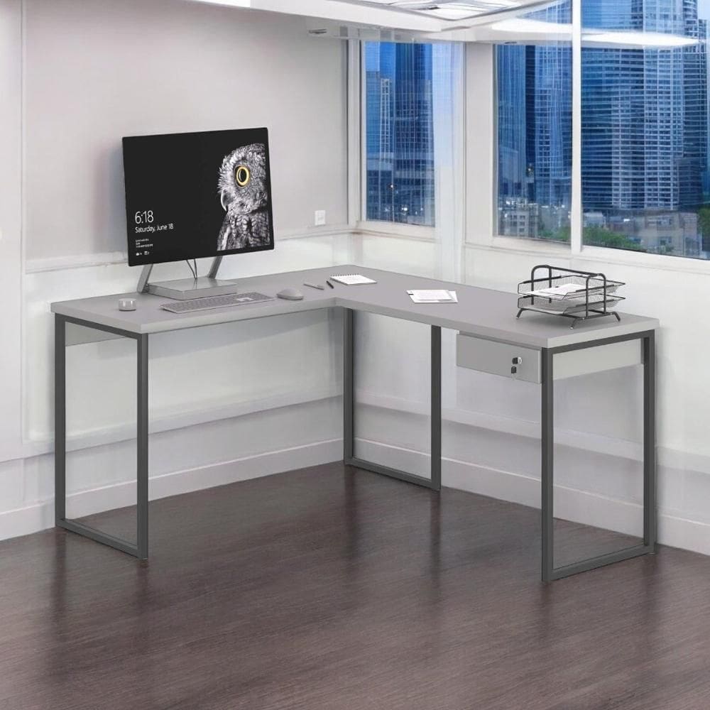 Mesa Home Office Escrivaninha L Shine Cinza com Gaveteiro