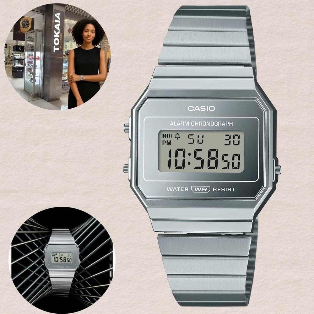 Relógio Casio A700WEV-7A Unissex Digital Cromado Pulseira Aço Inox Estilo Vintage Luz LED Cronômetro