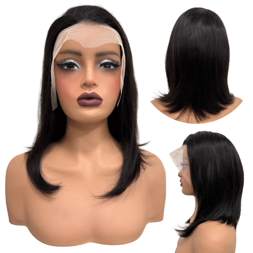 Front lace humana peruca curta bob 35cm preta natural 13x4