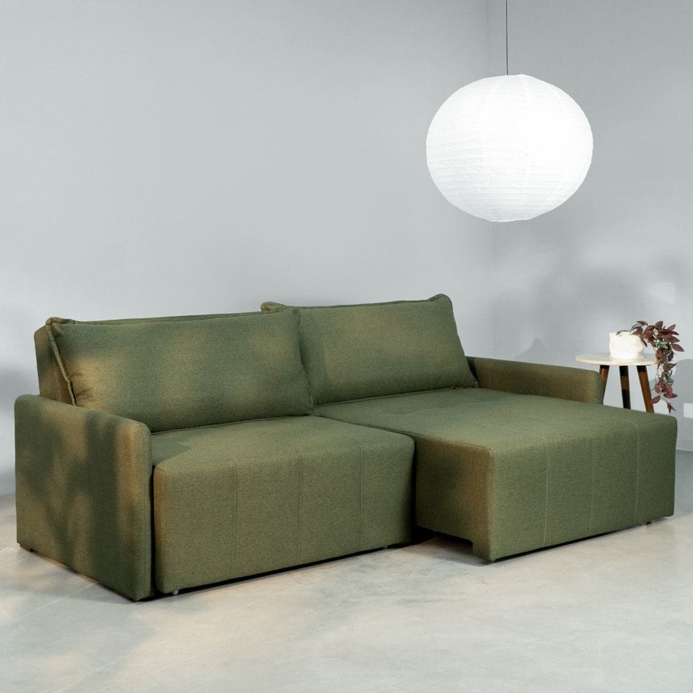 Sofá Cama Retrátil e Reclinável 3 Lugares 250cm em Linho Baraúna Cabecasa Madeiraoriginals Verde