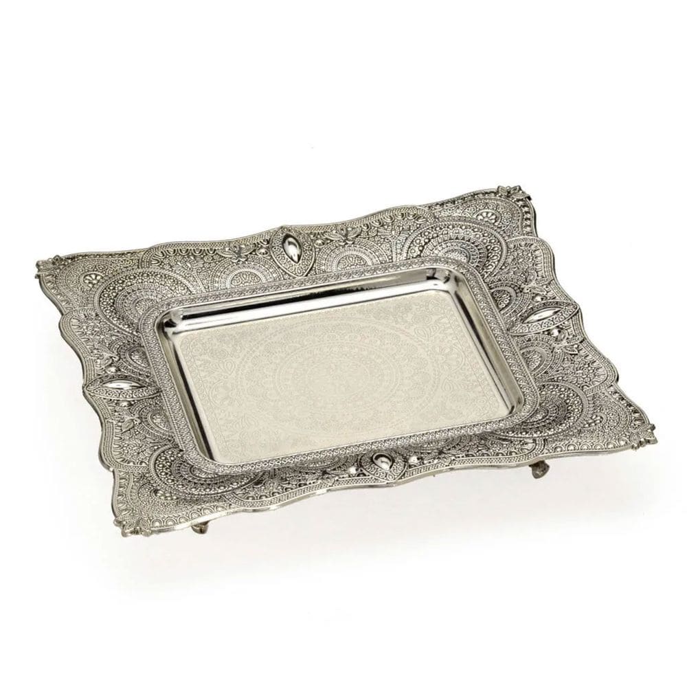 Centro de Mesa Decorativo em Metal Prata / Cromado Retangular 26x23,5cm 16083-PL
