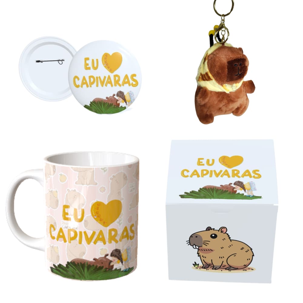 Kit Capivara – Caneca Estampada, Botton 4,4cm, Pelúcia de Capivara e Caixa Personalizada