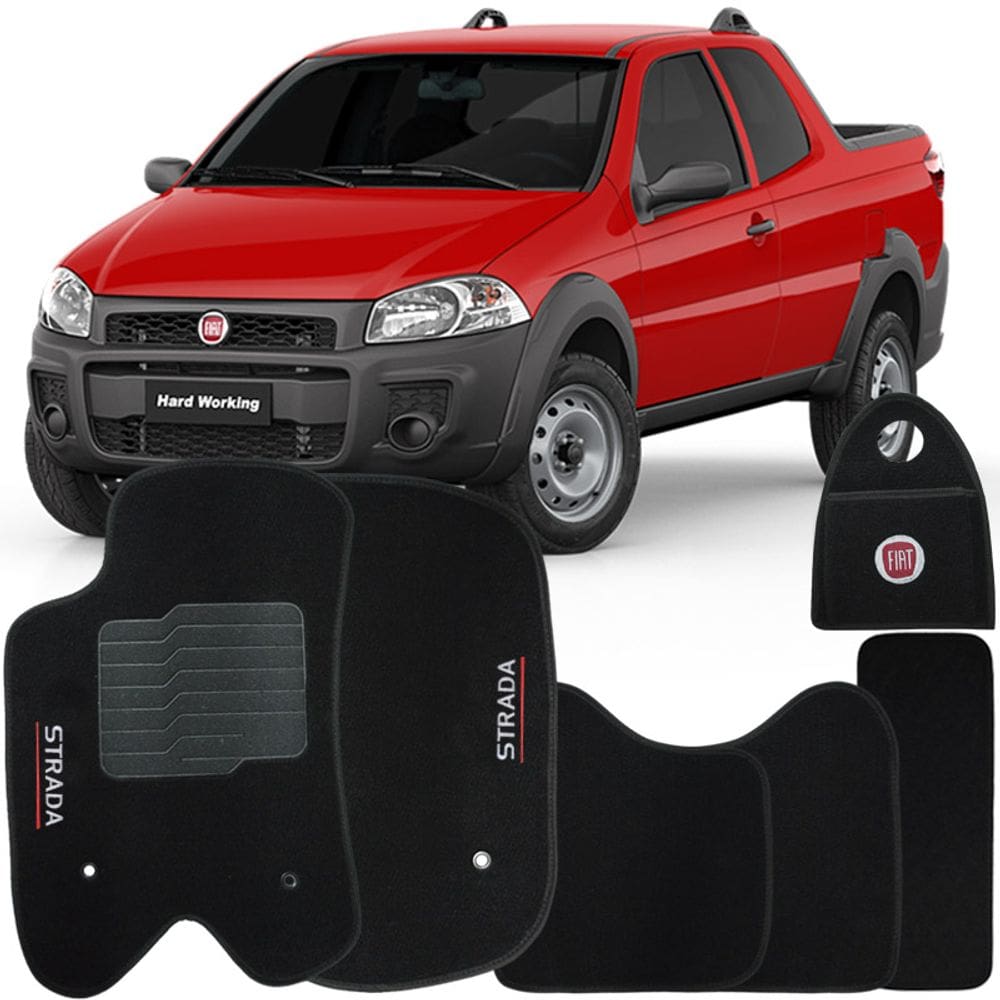 Jogo Tapete Carpete + Lixeira Fiat Strada Cab. Dupla 2013 à 2019 Soft Logo Bordado Preto 6 Peças